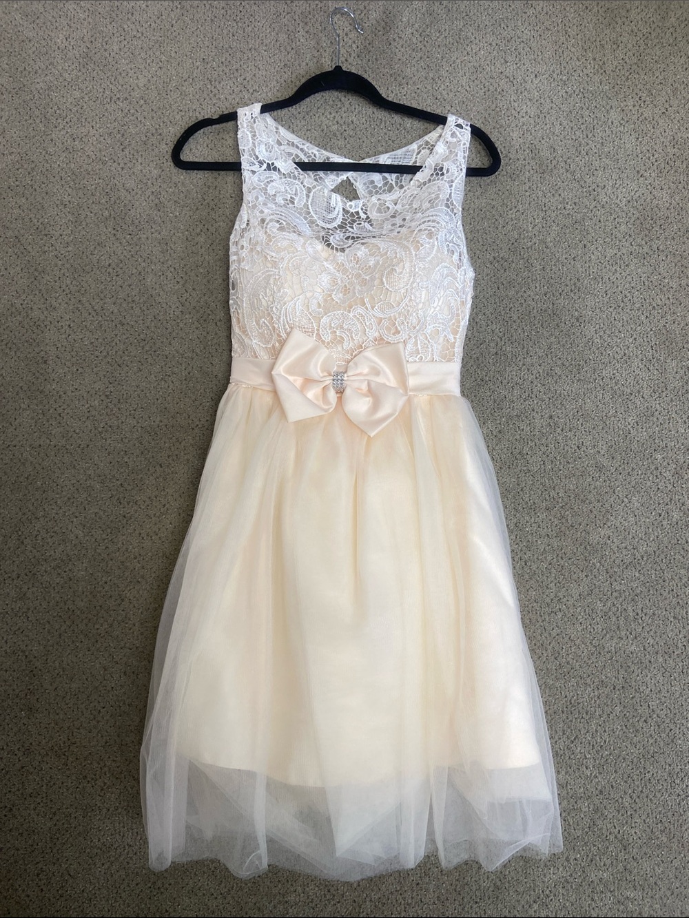 Lace Bodice Tulle Dress with Bow - Cream